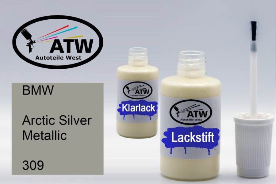 BMW, Arctic Silver Metallic, 309: 20ml Lackstift + 20ml Klarlack - Set, von ATW Autoteile West.